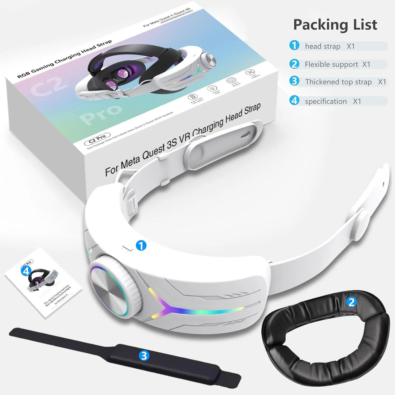 12000mAh Fast-Charging Battery Head Strap for Meta Quest 3/3S  Extends 6-8 Hours Playtime, RGB Lighting & Comfortable Fit  Elite Replacement Strap with Balanced Weight_White
