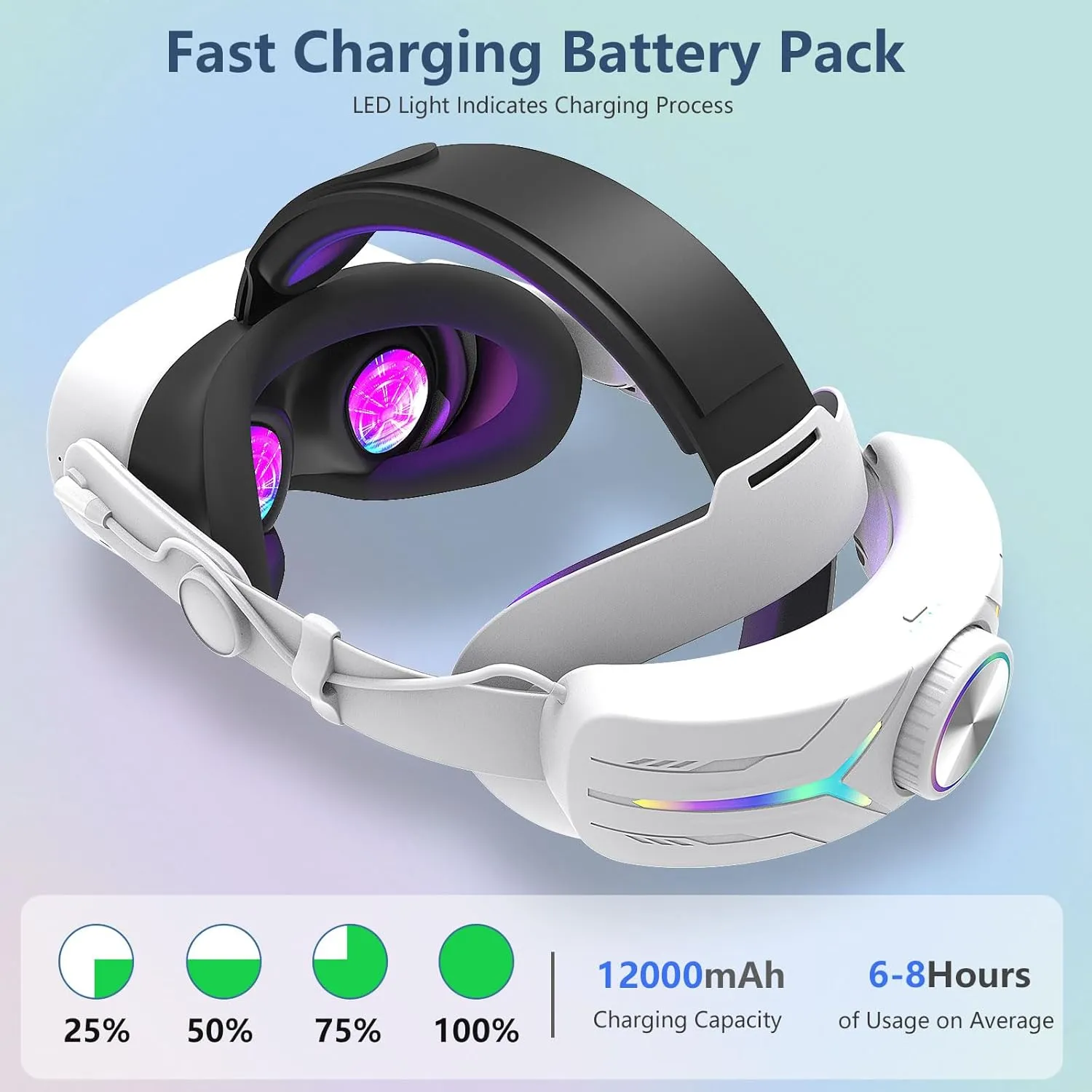12000mAh Fast-Charging Battery Head Strap for Meta Quest 3/3S  Extends 6-8 Hours Playtime, RGB Lighting & Comfortable Fit  Elite Replacement Strap with Balanced Weight_White