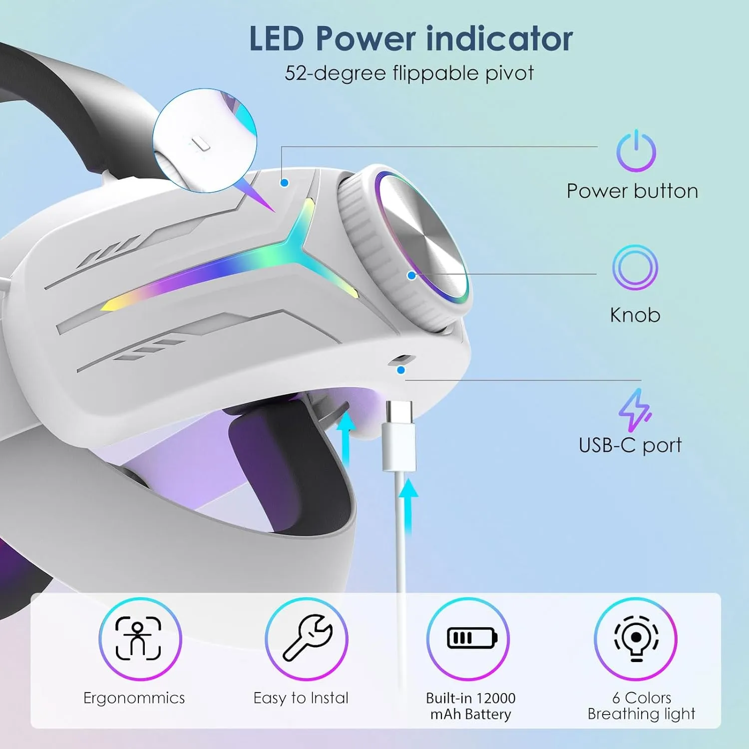 12000mAh Fast-Charging Battery Head Strap for Meta Quest 3/3S  Extends 6-8 Hours Playtime, RGB Lighting & Comfortable Fit  Elite Replacement Strap with Balanced Weight_White