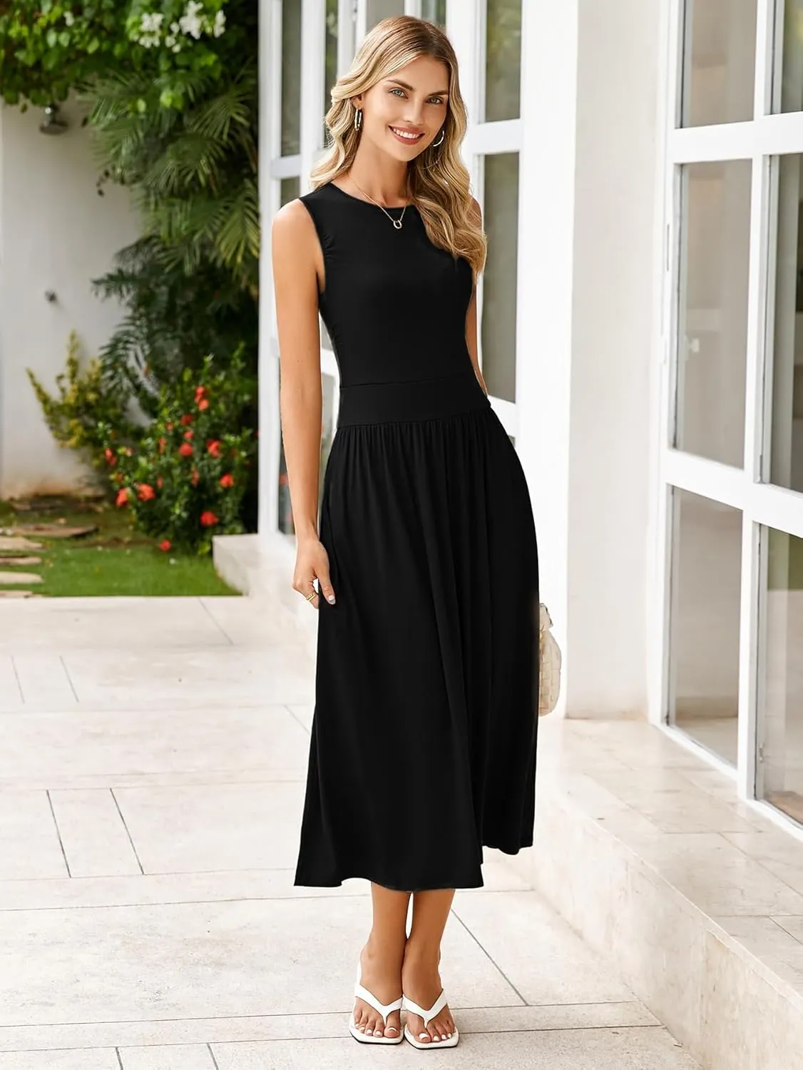 BerryGo Women's Summer Sleeveless 2025 Midi Dress Crew Neck Casual Swing Ruched Flowy Smocked Waist Dress Pockets