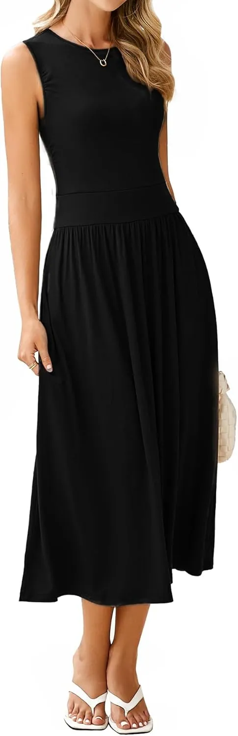 BerryGo Women's Summer Sleeveless 2025 Midi Dress Crew Neck Casual Swing Ruched Flowy Smocked Waist Dress Pockets