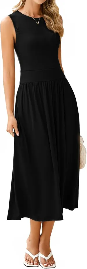 BerryGo Women's Summer Sleeveless 2025 Midi Dress Crew Neck Casual Swing Ruched Flowy Smocked Waist Dress Pockets