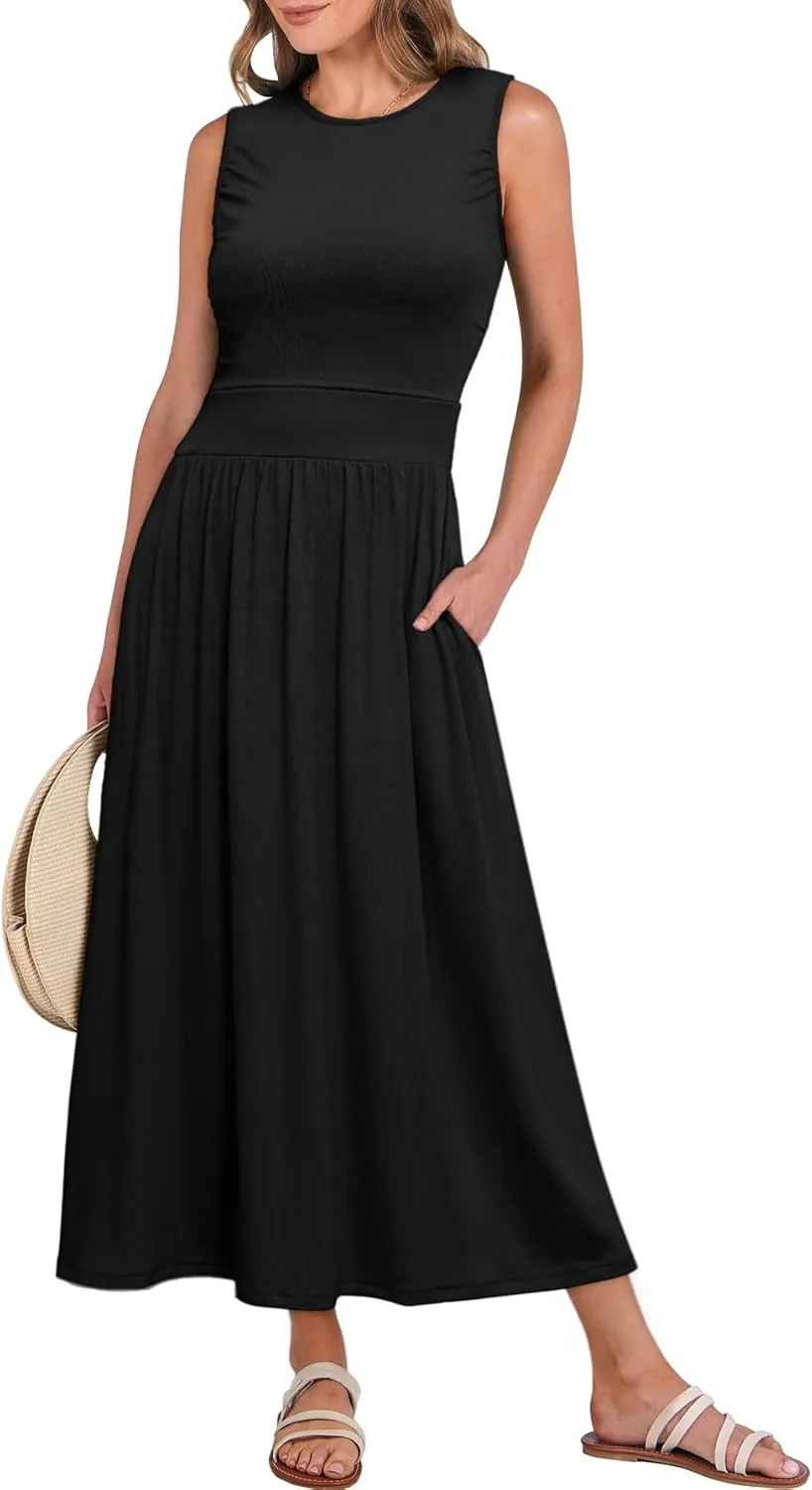 BerryGo Women's Summer Sleeveless 2025 Midi Dress Crew Neck Casual Swing Ruched Flowy Smocked Waist Dress Pockets