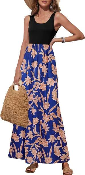 Bluetime Women's Summer Boho Sleeveless Floral Print Tank Long Maxi Dress (S-3XL)