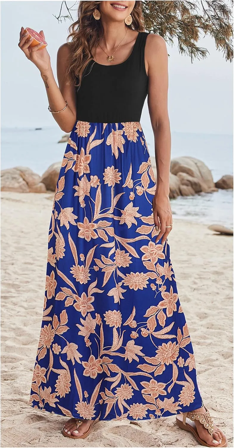 Bluetime Women's Summer Boho Sleeveless Floral Print Tank Long Maxi Dress (S-3XL)