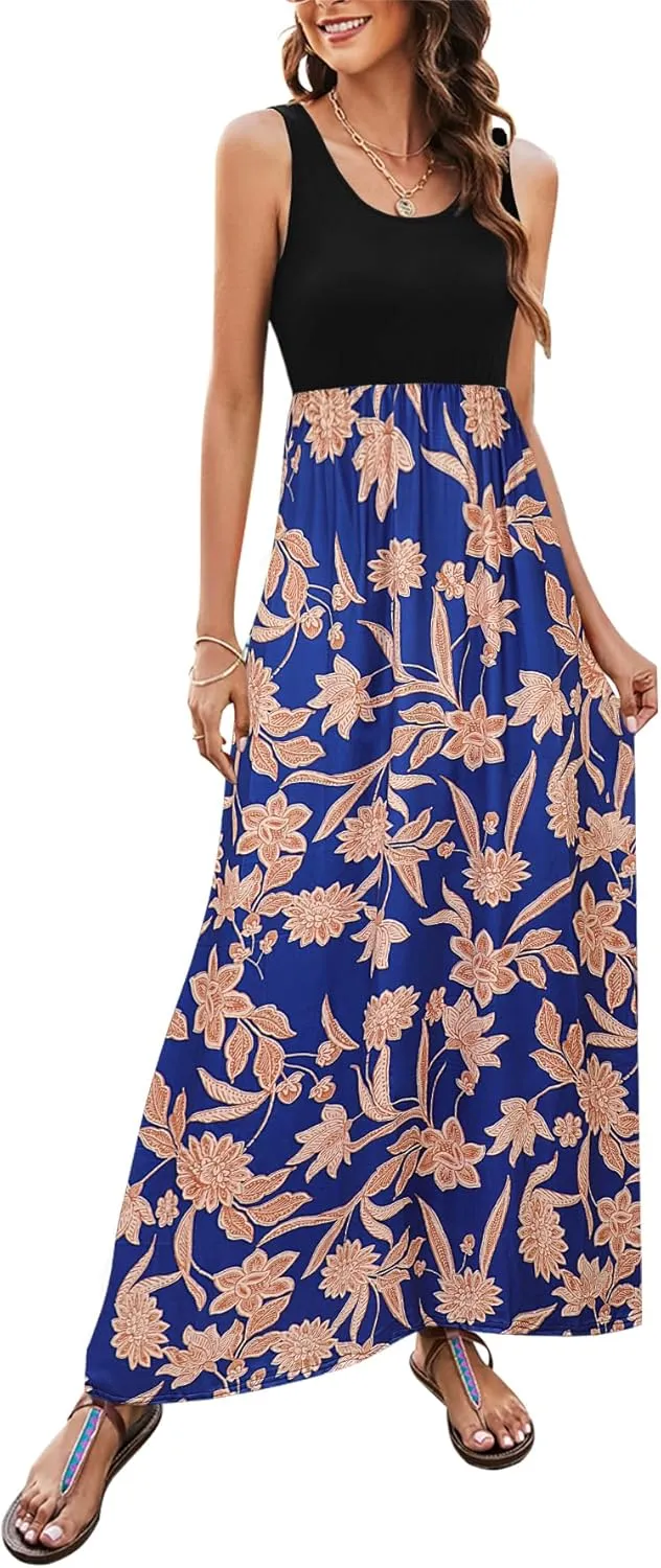 Bluetime Women's Summer Boho Sleeveless Floral Print Tank Long Maxi Dress (S-3XL)