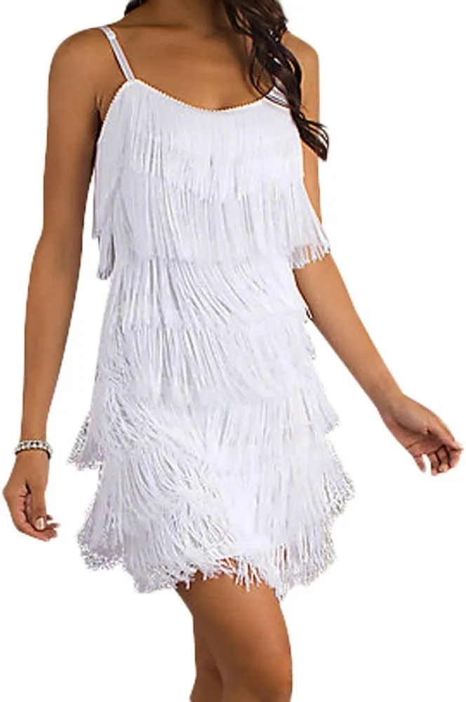 Cheryl Creations Women's Short All-Over Fringe Flapper Sleeveless Comfortable Day/Night Mini Dress with Adjustable Bra Straps