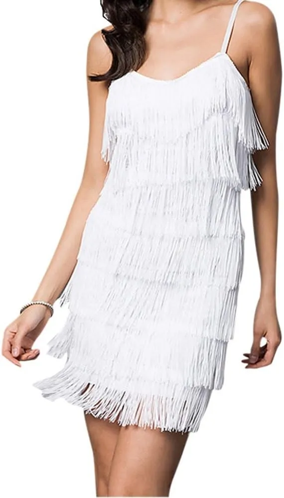 Cheryl Creations Women's Short All-Over Fringe Flapper Sleeveless Comfortable Day/Night Mini Dress with Adjustable Bra Straps
