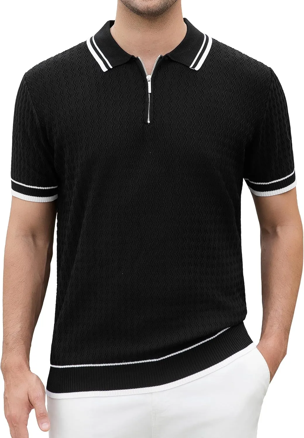 Esabel.C Mens Polo Shirts Short Sleeve Striped Casual Fashion Knit Golf Shirt Regular Fit
