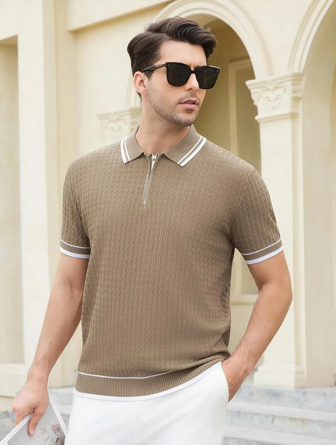 Esabel.C Mens Polo Shirts Short Sleeve Striped Casual Fashion Knit Golf Shirt Regular Fit