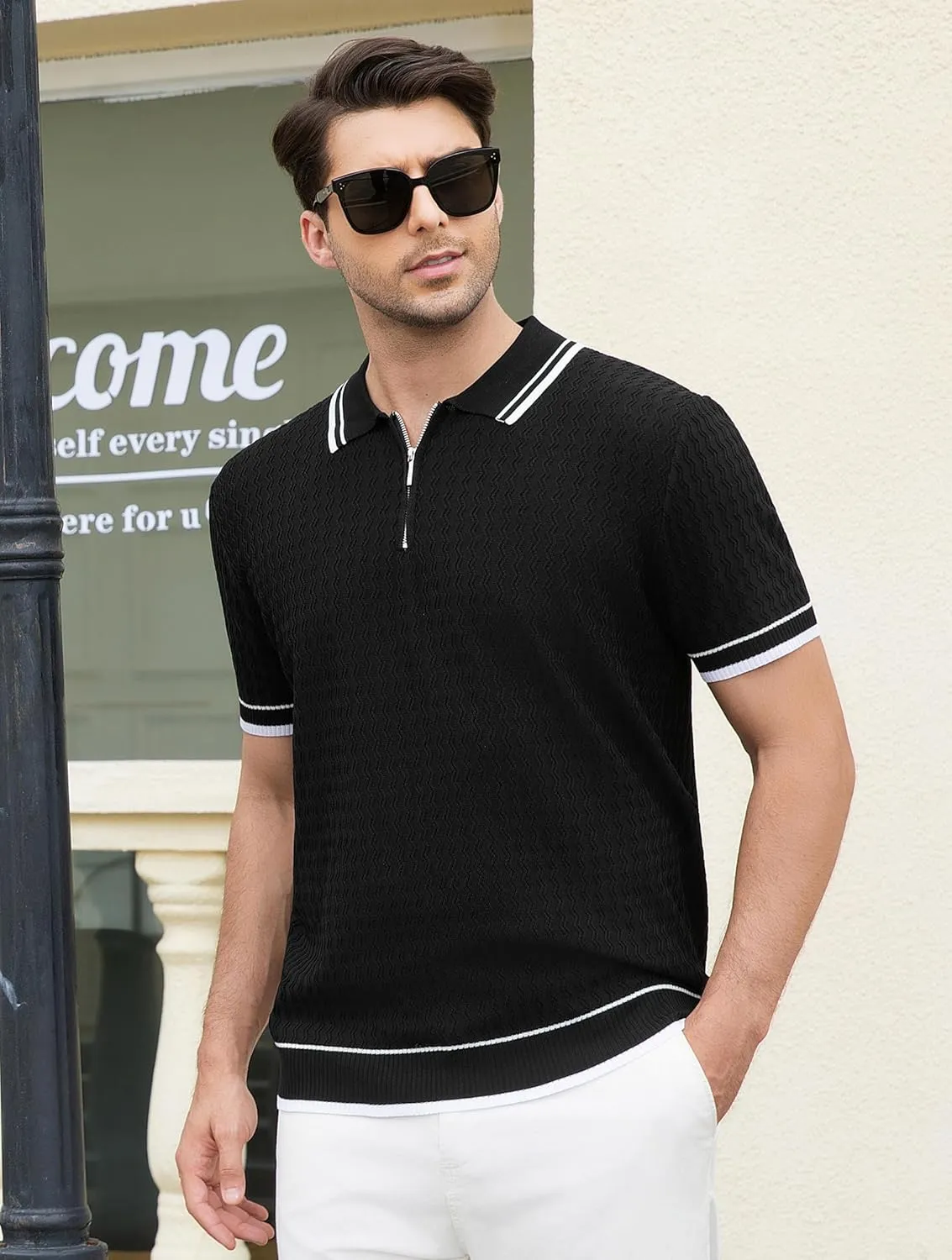 Esabel.C Mens Polo Shirts Short Sleeve Striped Casual Fashion Knit Golf Shirt Regular Fit