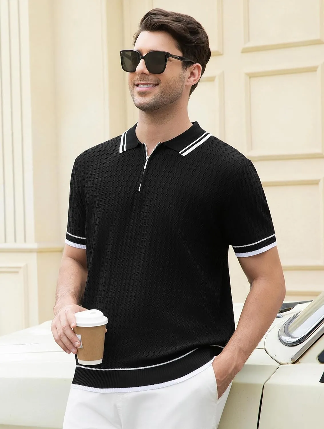 Esabel.C Mens Polo Shirts Short Sleeve Striped Casual Fashion Knit Golf Shirt Regular Fit