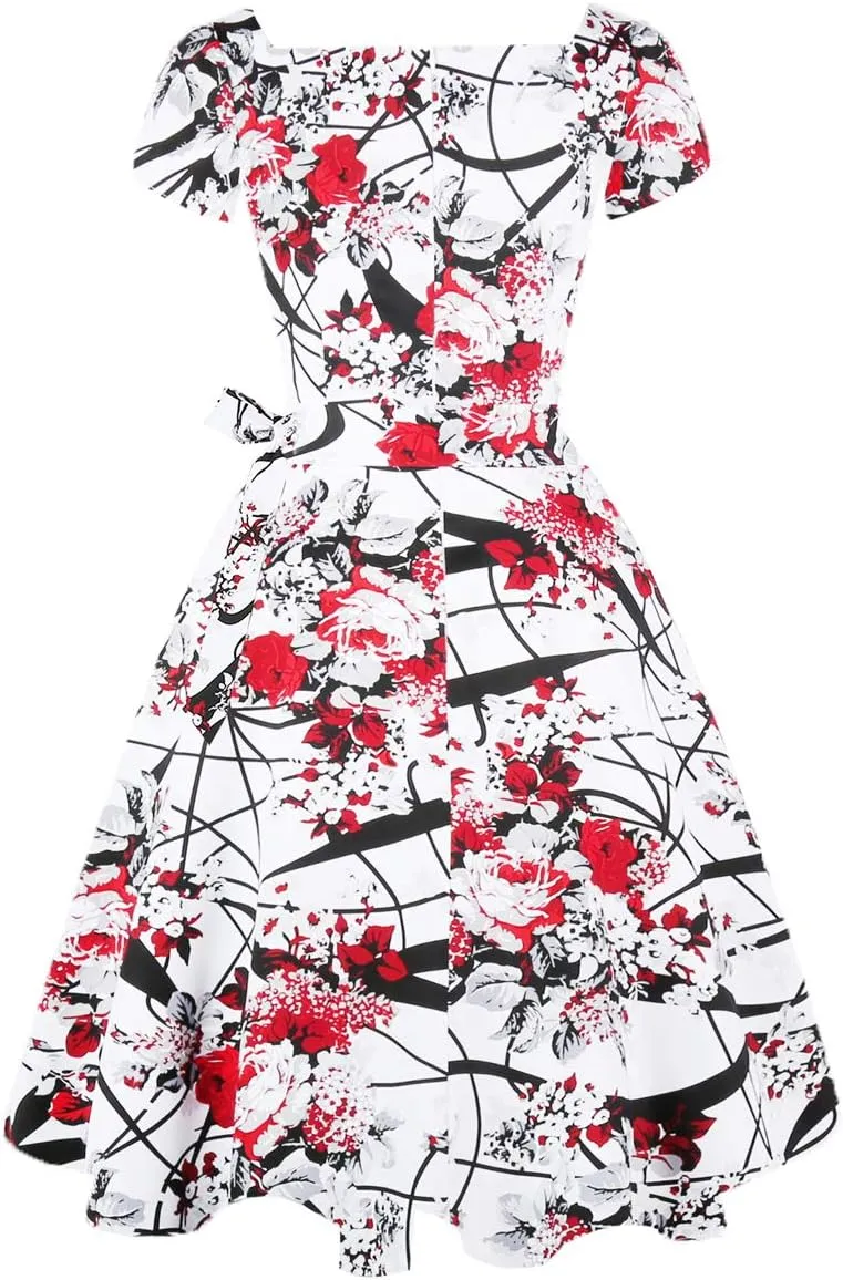 Girstunm Women's Classic Tea Dress Short Sleeve Swing Cocktail Party Dresses with Pockets