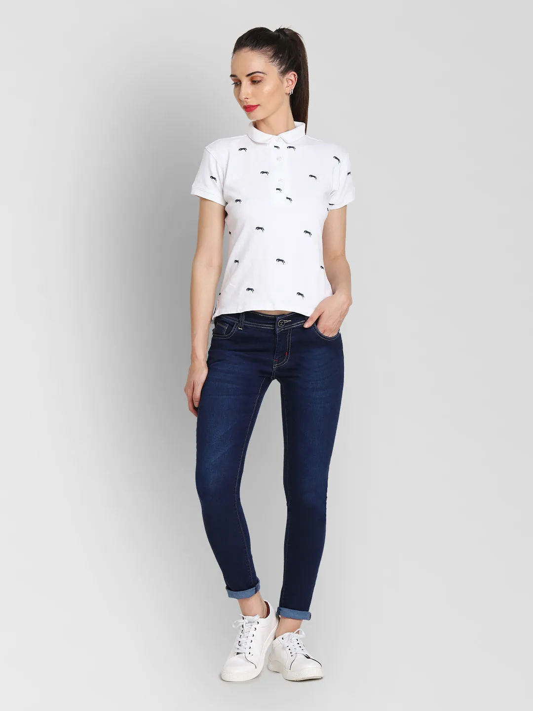 JUMP USA Women White & Navy Blue Printed Polo Collar T-Shirt