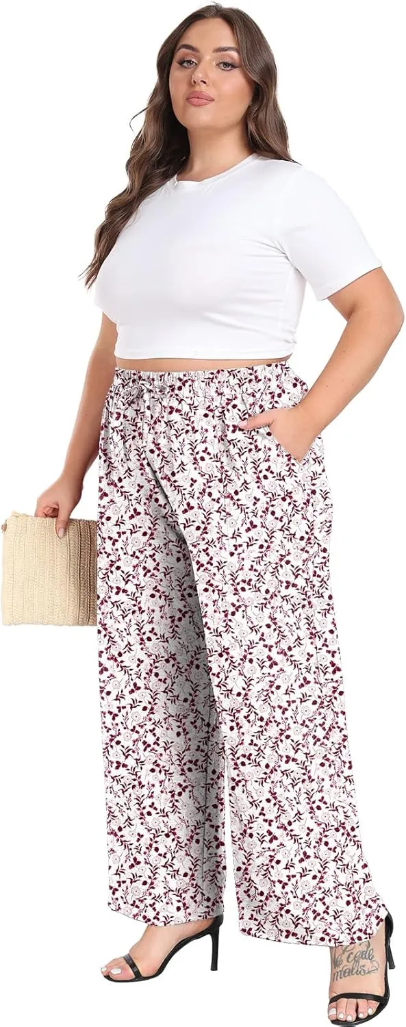 Lastshe Women's Plus Size Wide Leg Pants Summer Stretchy Drawstring Waist Comfortable Fit Casual Trousers Pants with Pockets