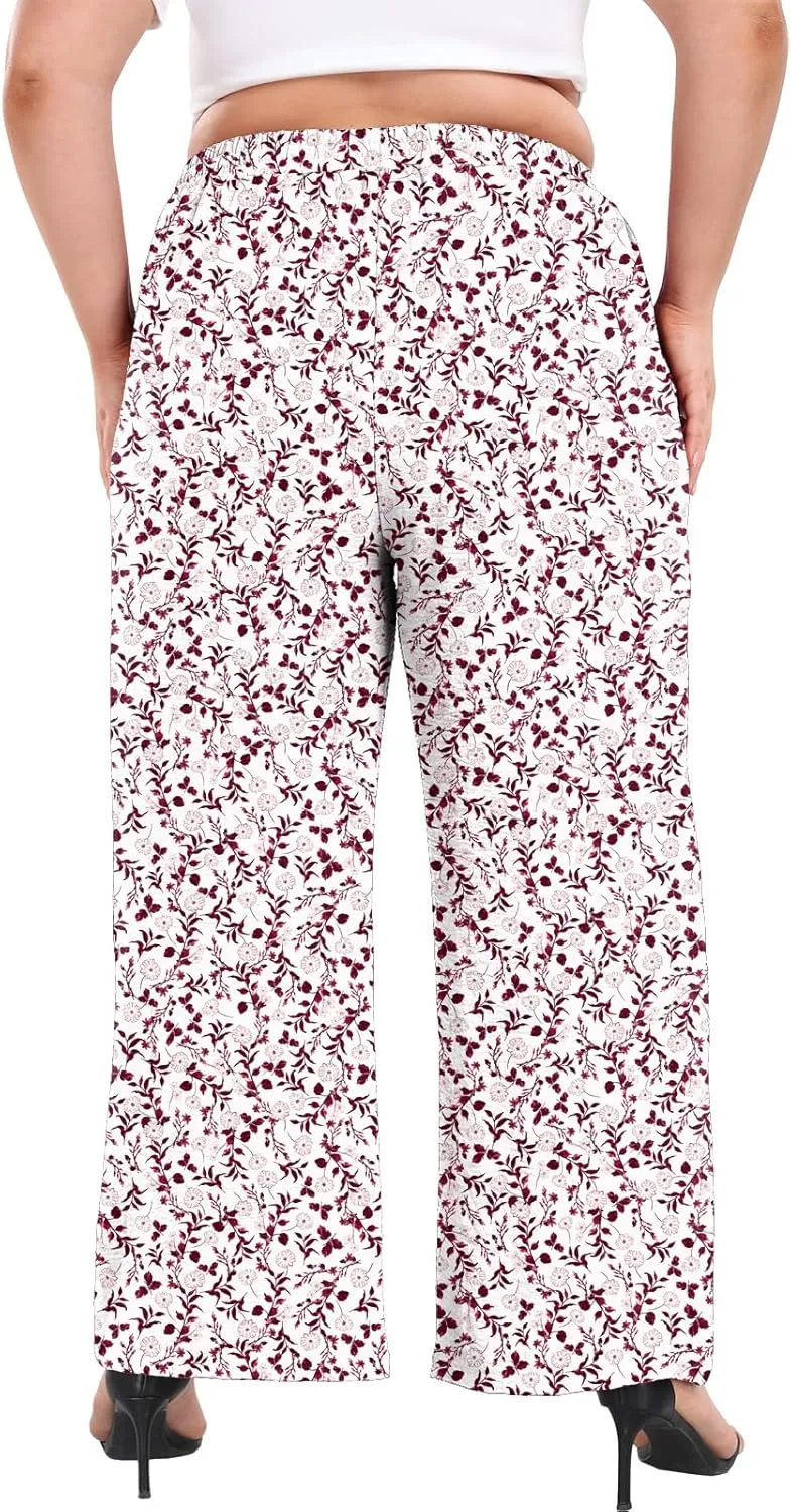 Lastshe Women's Plus Size Wide Leg Pants Summer Stretchy Drawstring Waist Comfortable Fit Casual Trousers Pants with Pockets