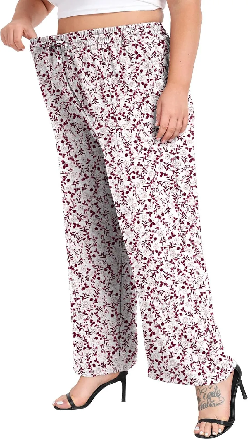 Lastshe Women's Plus Size Wide Leg Pants Summer Stretchy Drawstring Waist Comfortable Fit Casual Trousers Pants with Pockets