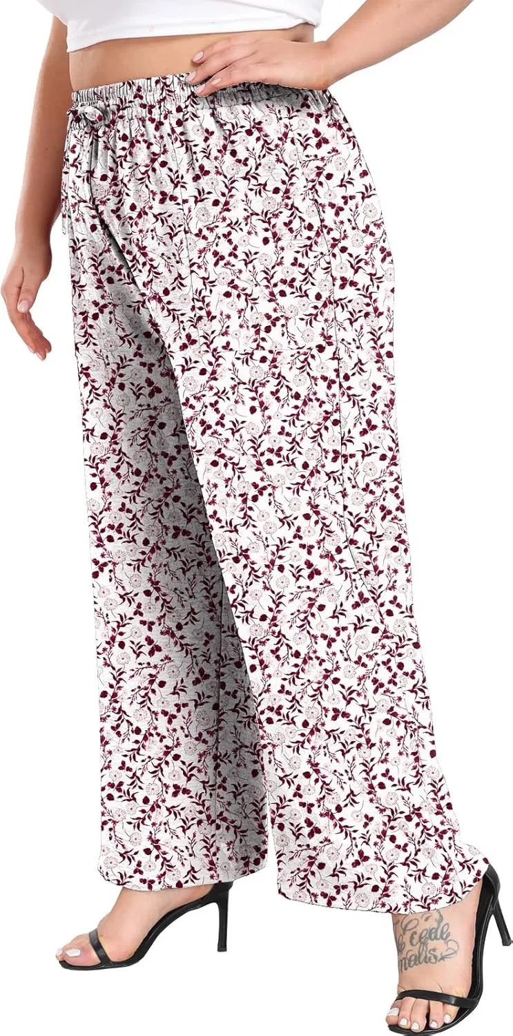 Lastshe Women's Plus Size Wide Leg Pants Summer Stretchy Drawstring Waist Comfortable Fit Casual Trousers Pants with Pockets
