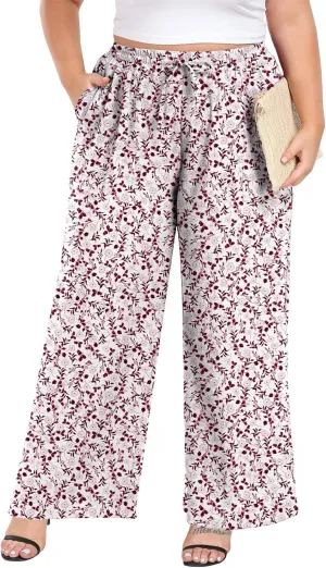Lastshe Women's Plus Size Wide Leg Pants Summer Stretchy Drawstring Waist Comfortable Fit Casual Trousers Pants with Pockets
