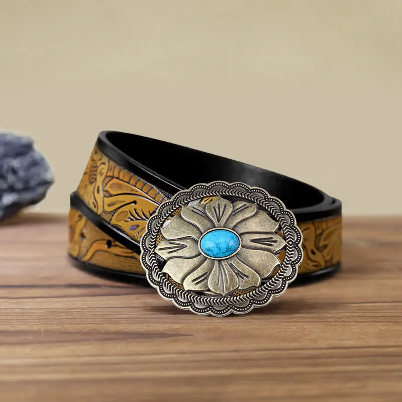 Men's DIY Turquoise Inlaid Floral Buckle Leather Belt