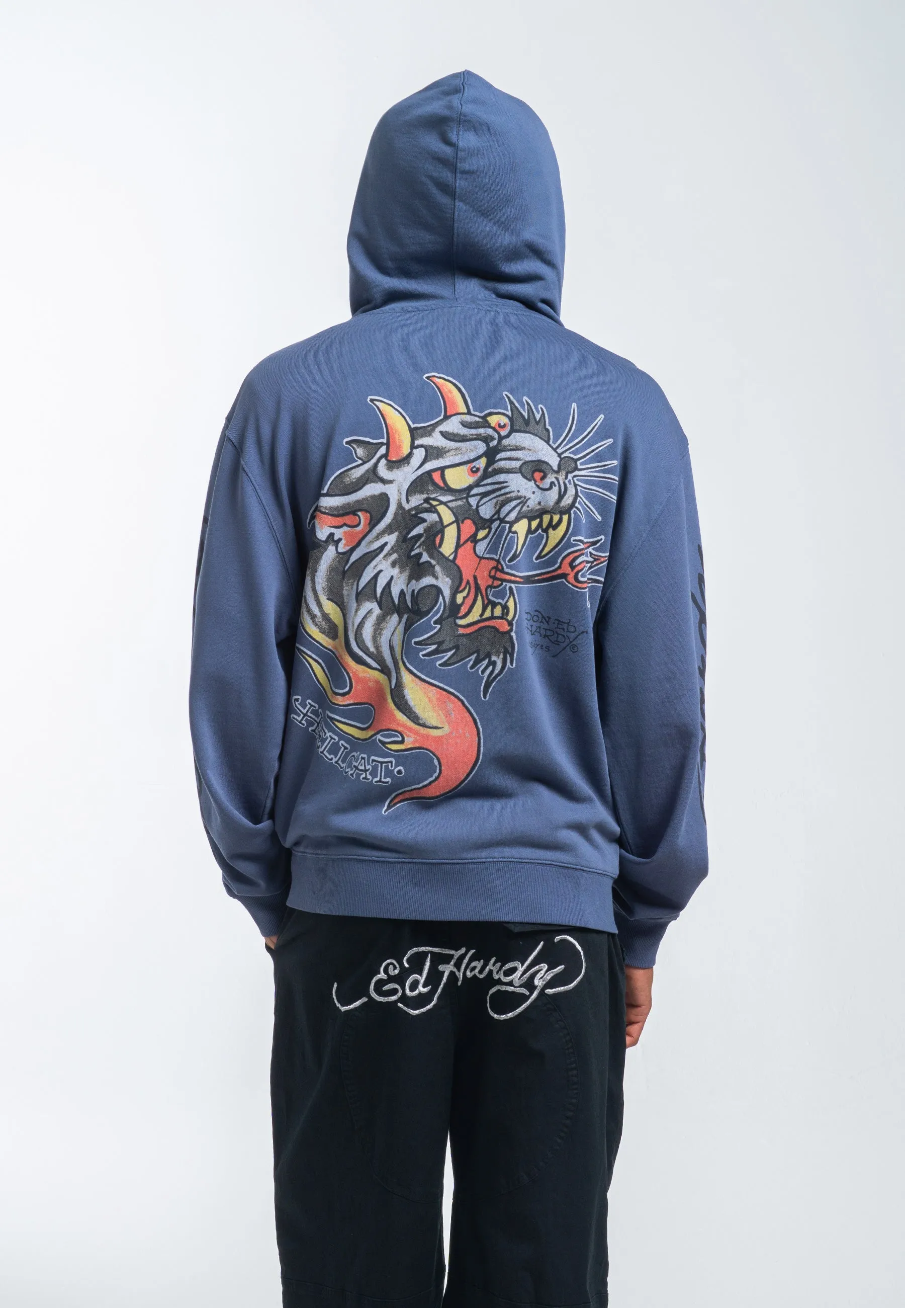 Mens Hell Catz Zip Through Hoodie - Indigo