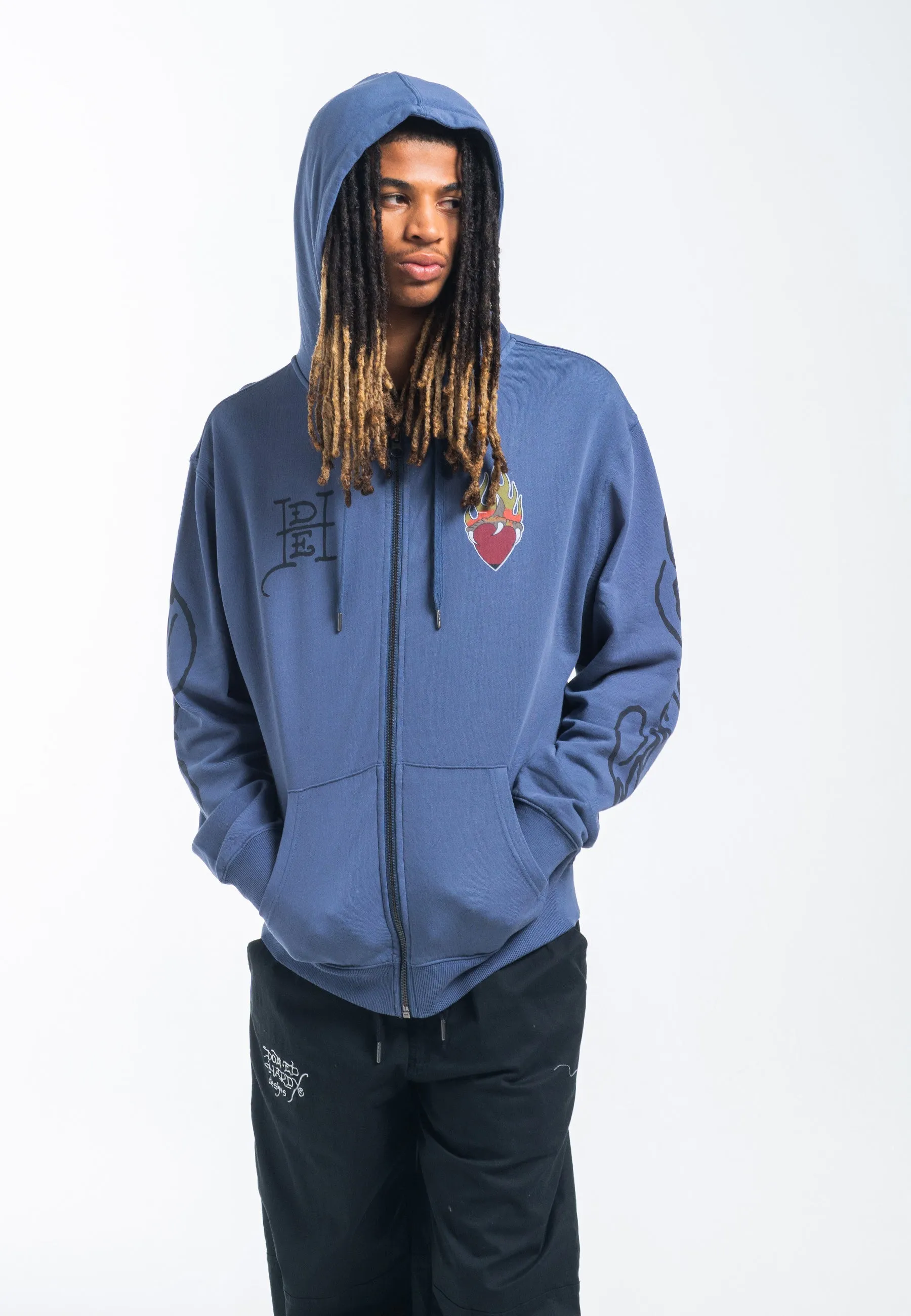Mens Hell Catz Zip Through Hoodie - Indigo