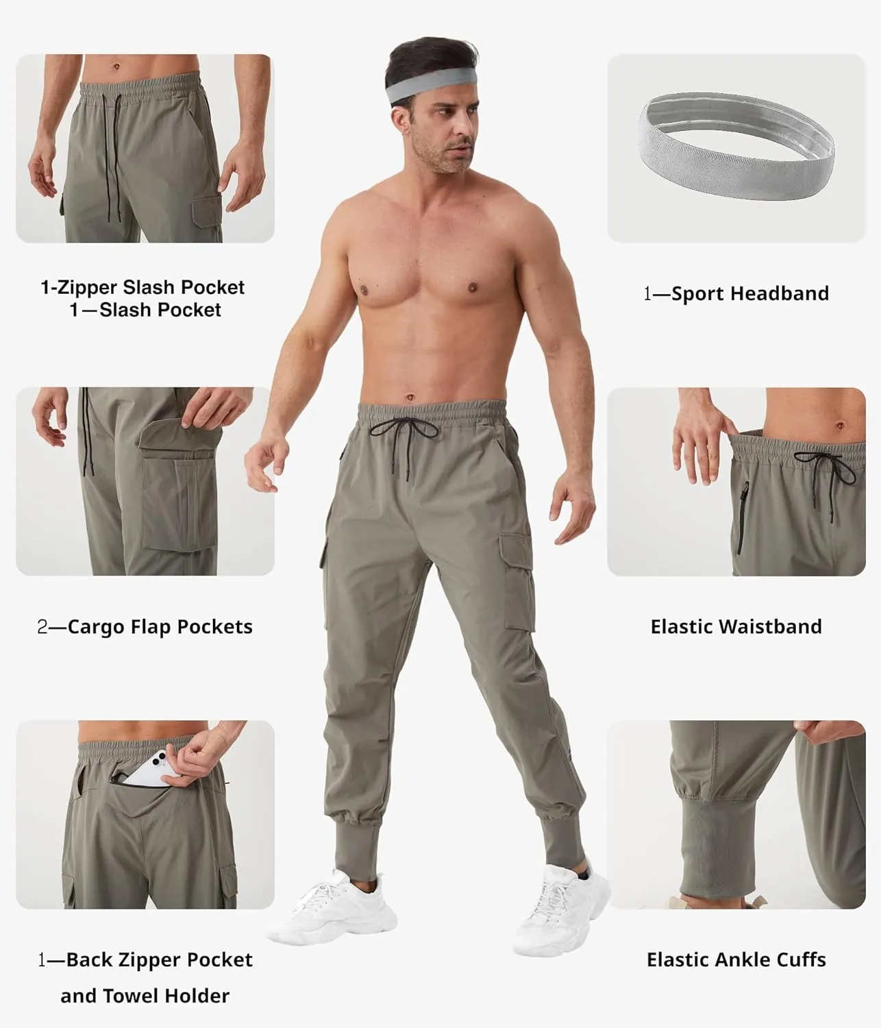 Men's Joggers Sweatpants - Breathable High-Rib Fabric with Zipper Pockets & Drawstring Waist for Running & Training