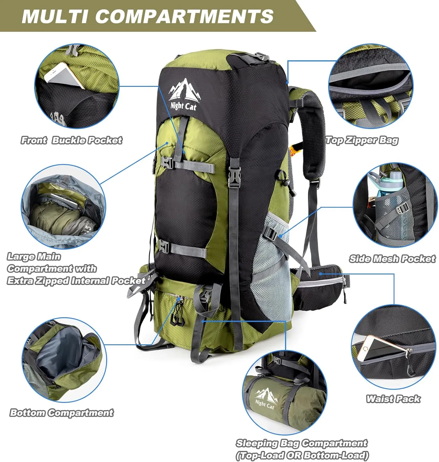 Night Cat Hiking Backpacks 70L Camping Backpacking Packs for Men Women Lightweight Outdoor for Mountaineering Traveling, No Internal Frame