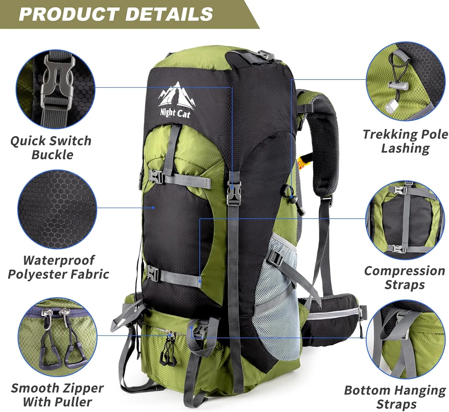 Night Cat Hiking Backpacks 70L Camping Backpacking Packs for Men Women Lightweight Outdoor for Mountaineering Traveling, No Internal Frame
