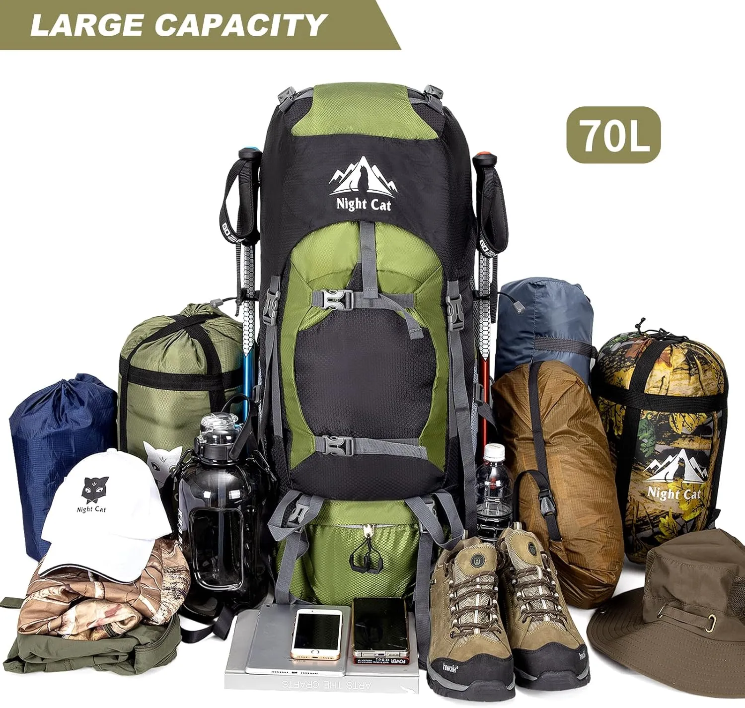 Night Cat Hiking Backpacks 70L Camping Backpacking Packs for Men Women Lightweight Outdoor for Mountaineering Traveling, No Internal Frame