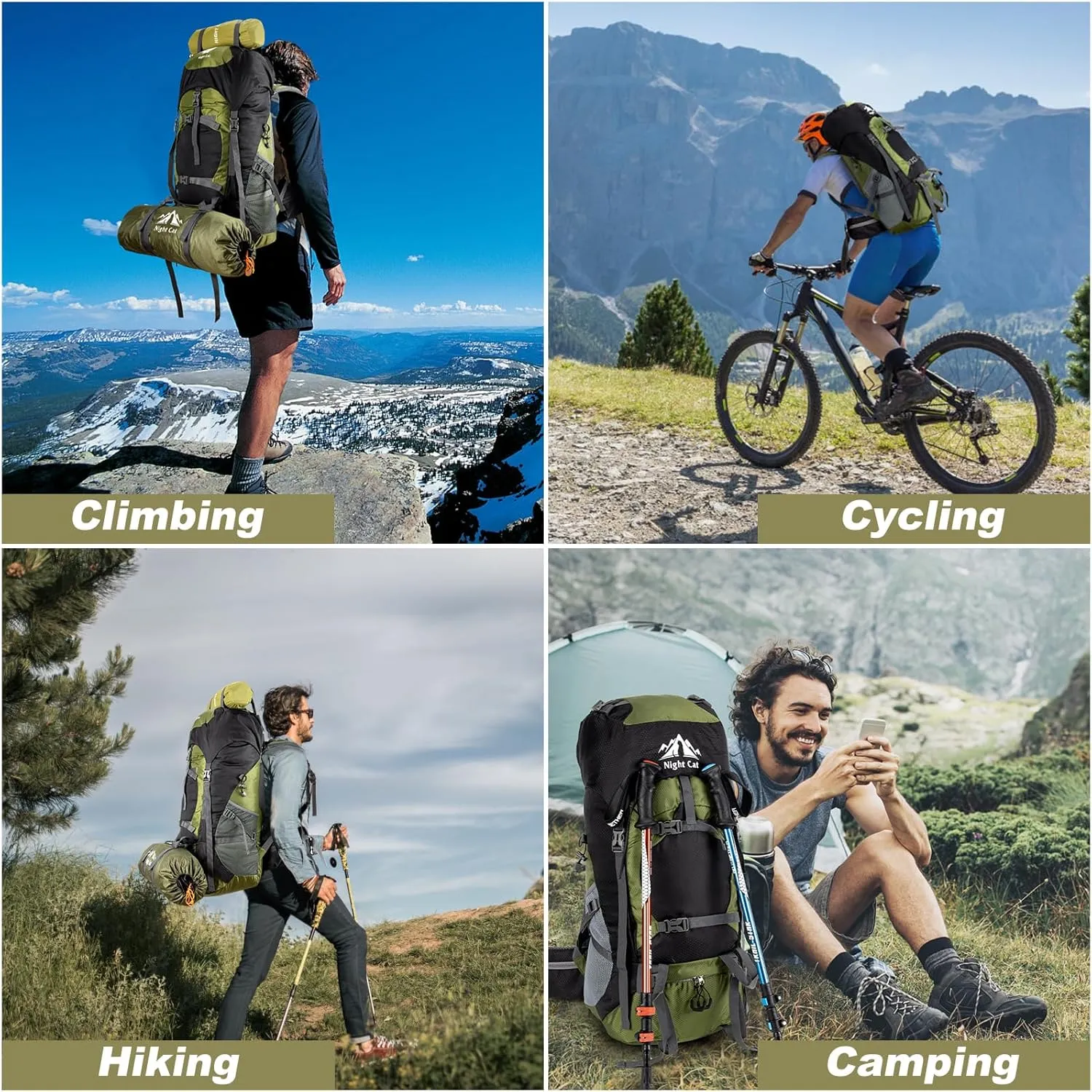 Night Cat Hiking Backpacks 70L Camping Backpacking Packs for Men Women Lightweight Outdoor for Mountaineering Traveling, No Internal Frame