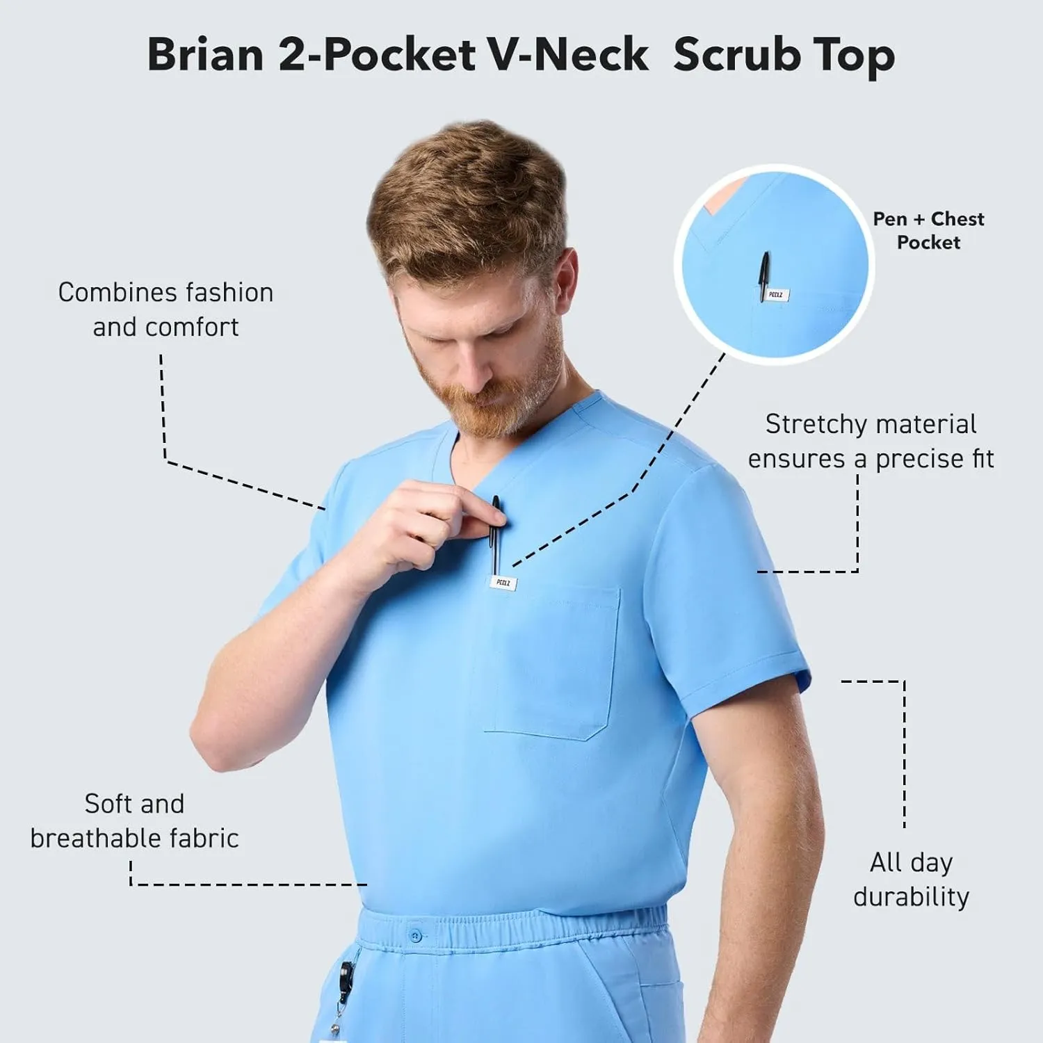 Peelz Brian 2-Pocket V-Neck Basic Men's Scrub Top for Men - Short Sleeve Scrubs, Soft Stretch Fabric, Slim Fit