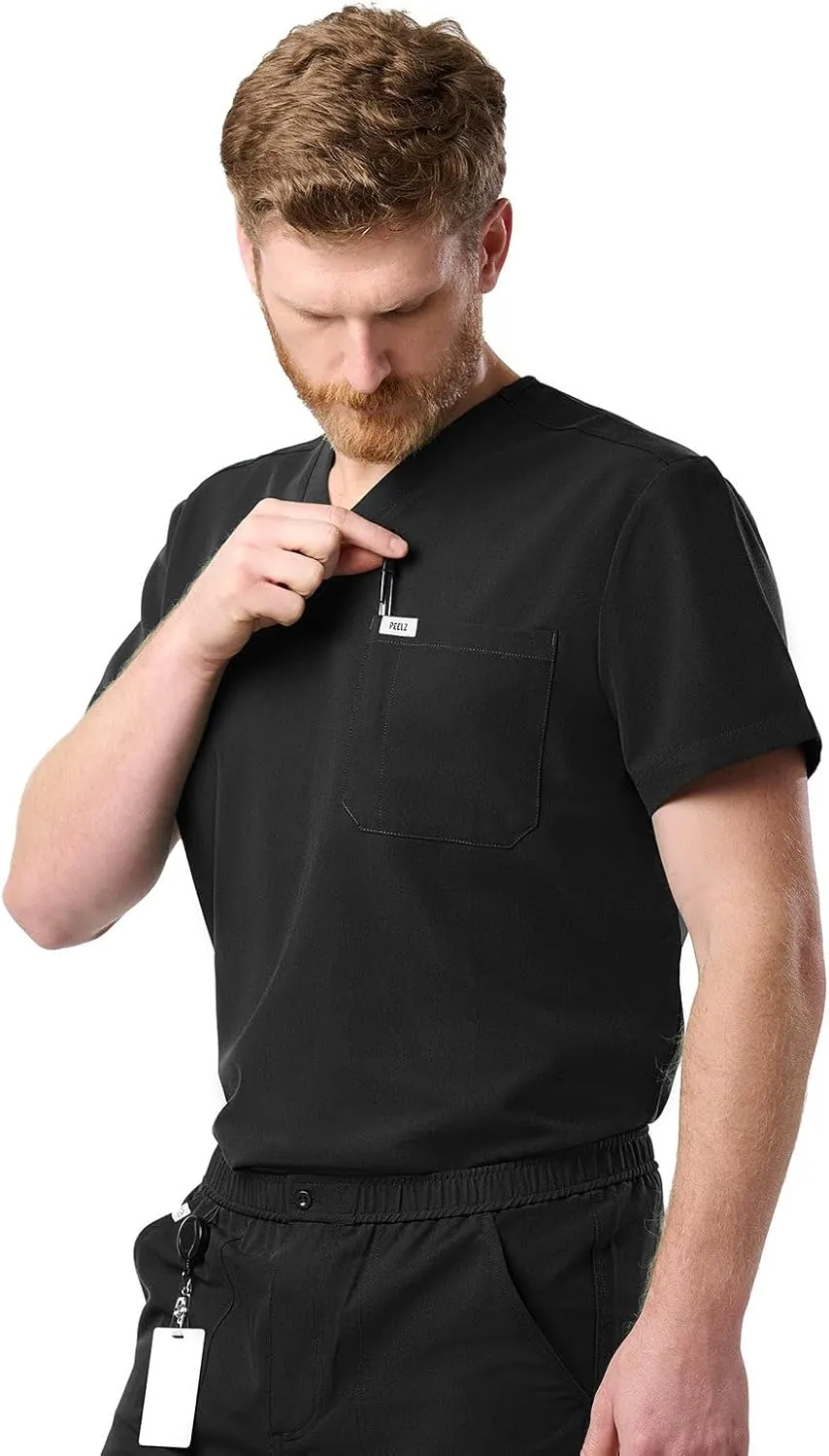 Peelz Brian 2-Pocket V-Neck Basic Men's Scrub Top for Men - Short Sleeve Scrubs, Soft Stretch Fabric, Slim Fit