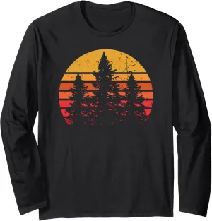 Retro Sun Minimalist Pine Tree Design - Graphic Tee Shirt Long Sleeve T-Shirt