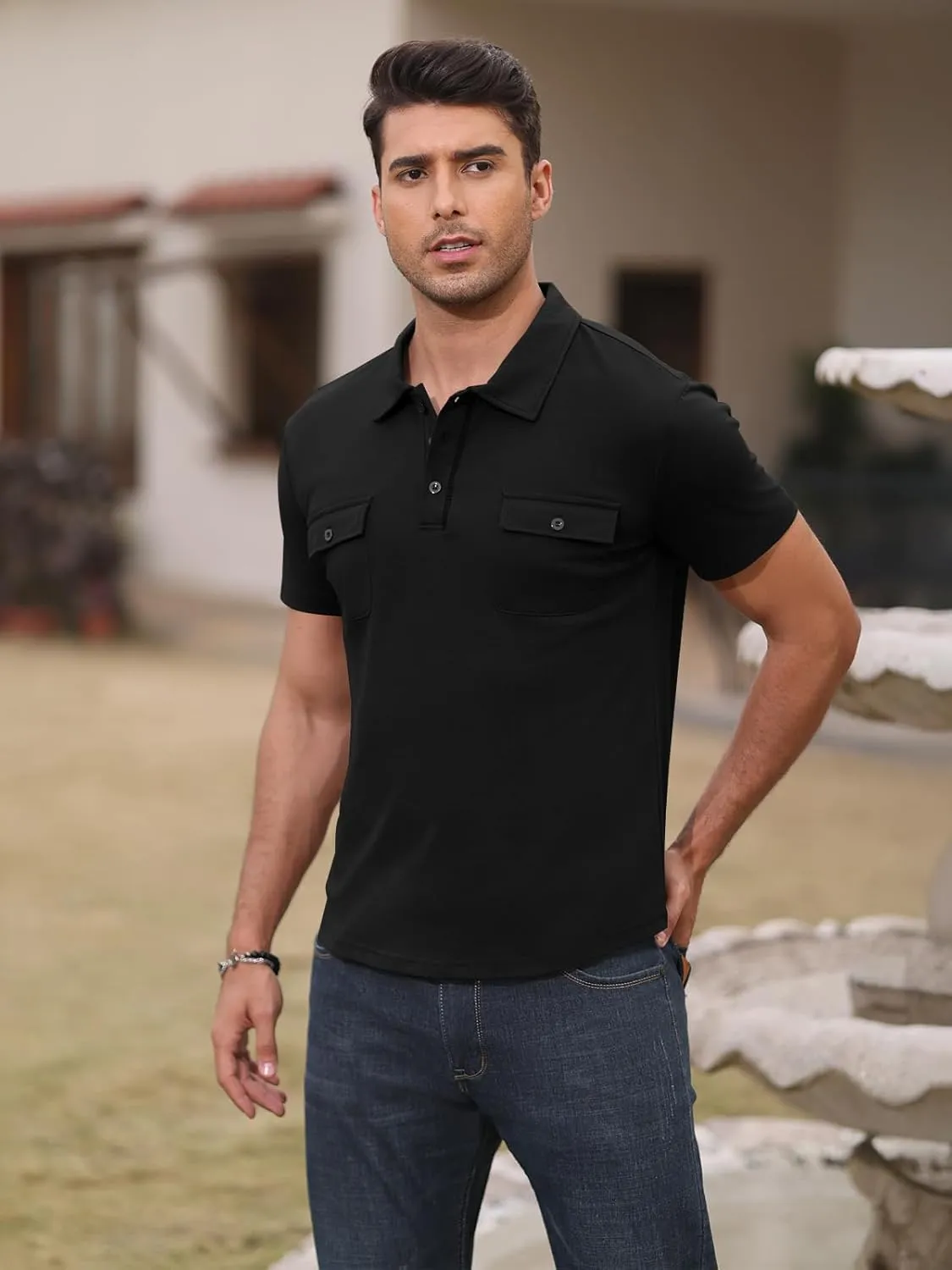 Short Sleeve Polo Shirts for Men Casual Moisture Wicking Golf T Shirt Slim Fit Basic Tee Tops with Pocket