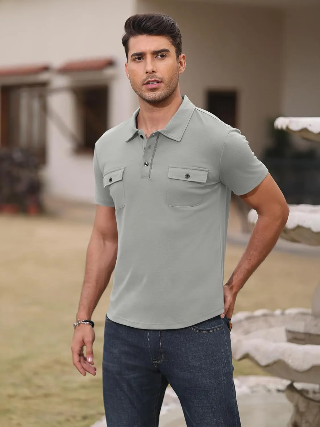Short Sleeve Polo Shirts for Men Casual Moisture Wicking Golf T Shirt Slim Fit Basic Tee Tops with Pocket