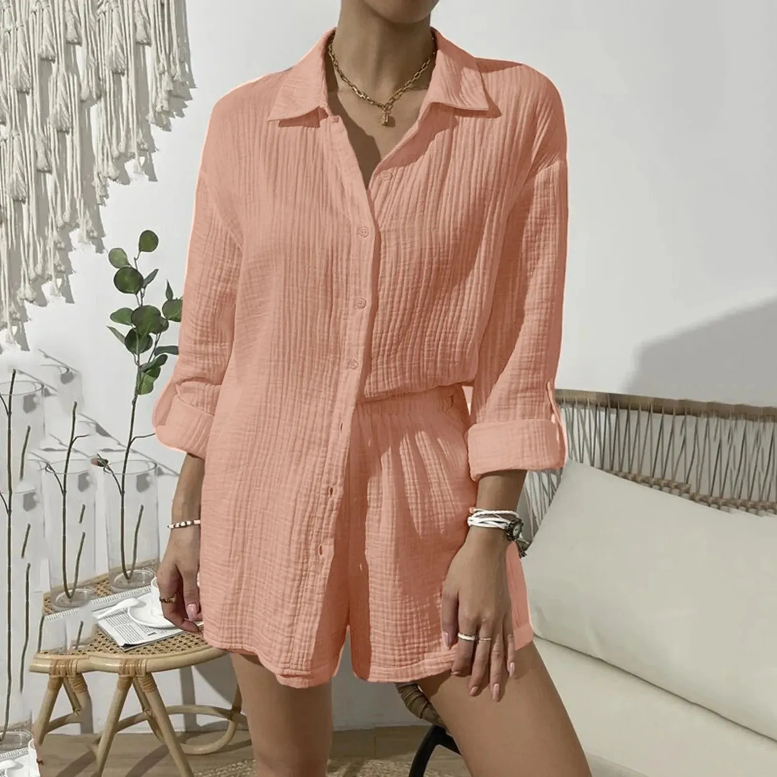 White Casual Long Sleeve V Neck Loungewear Shirt Shorts Holiday Party Streetwear Summer Set