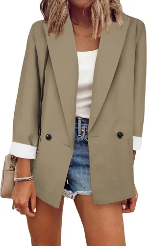 WIWIQS Women Blazer Lapel Solid Color Casual Loose Office Coat with Pockets Long Sleeve Slim Work Jacket
