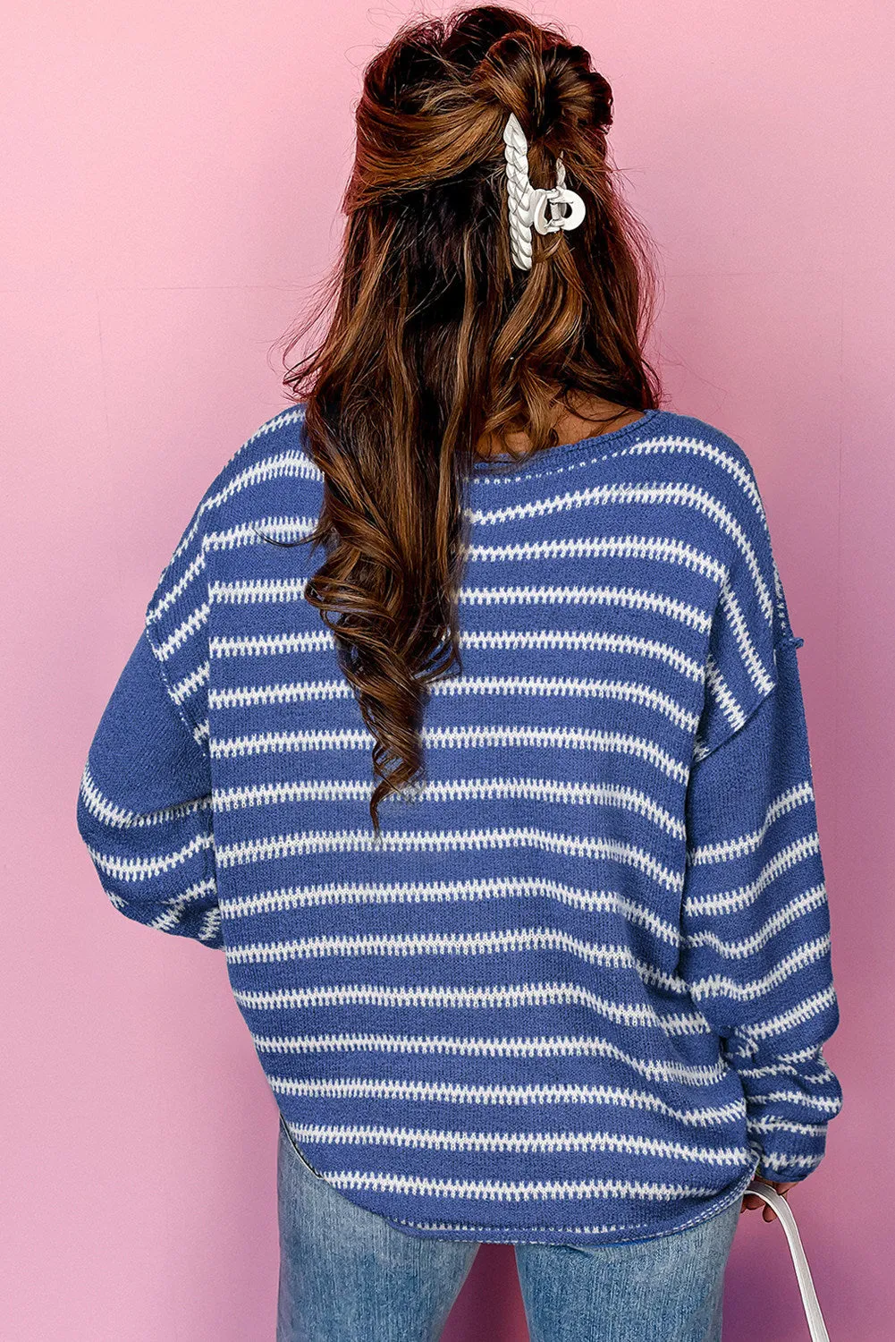 Women Casual Stripe Round Neck Drop Shoulder Sweater