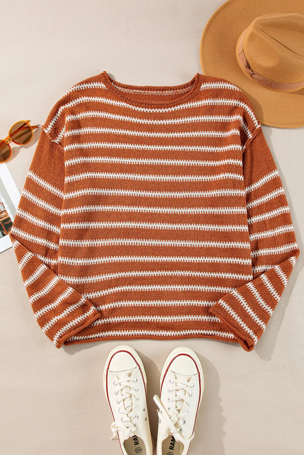 Women Casual Stripe Round Neck Drop Shoulder Sweater