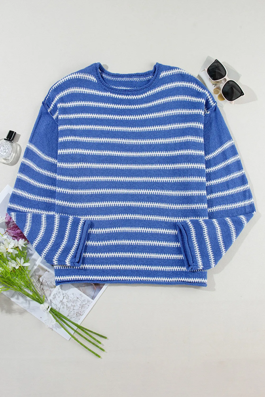 Women Casual Stripe Round Neck Drop Shoulder Sweater