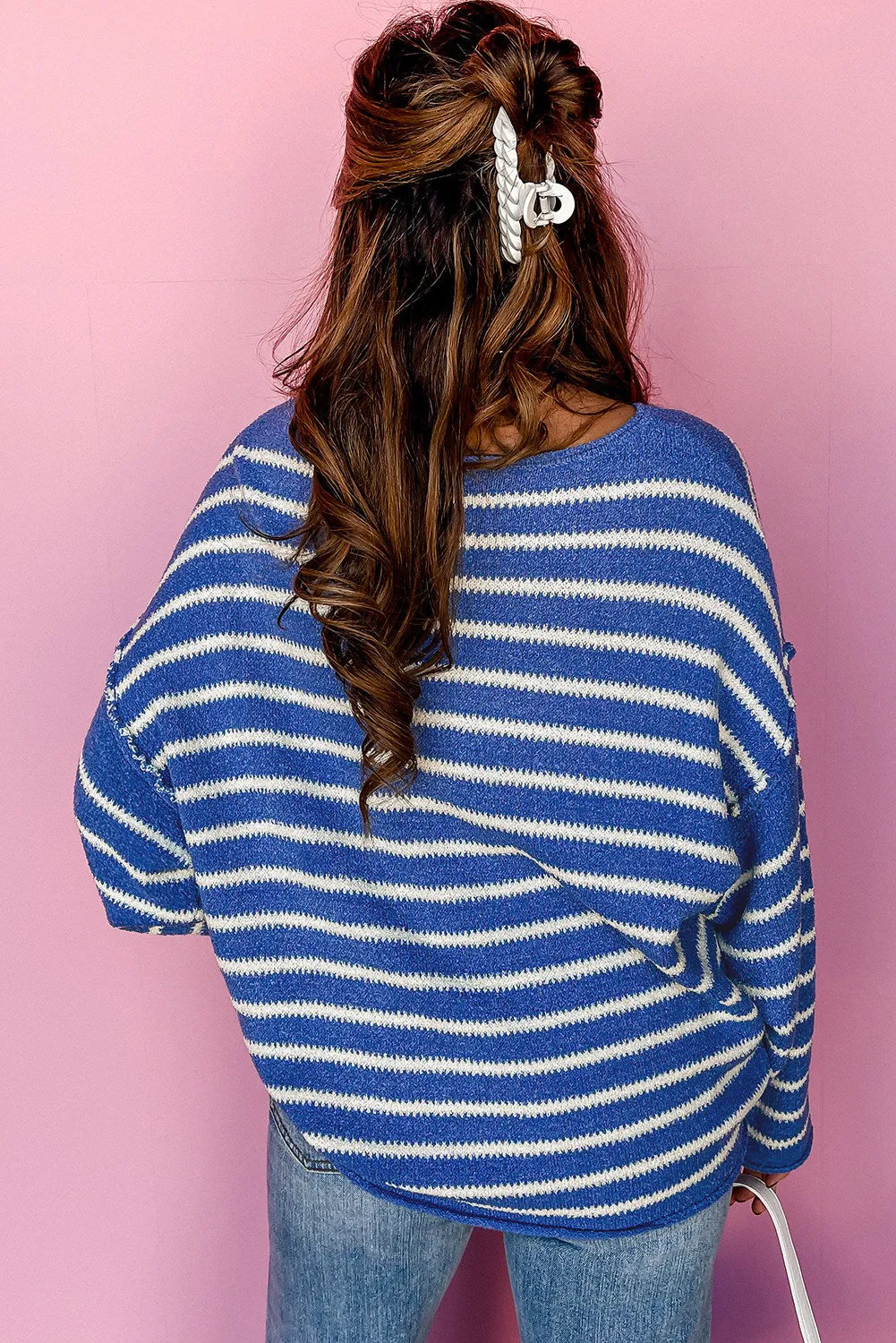 Women Casual Stripe Round Neck Drop Shoulder Sweater