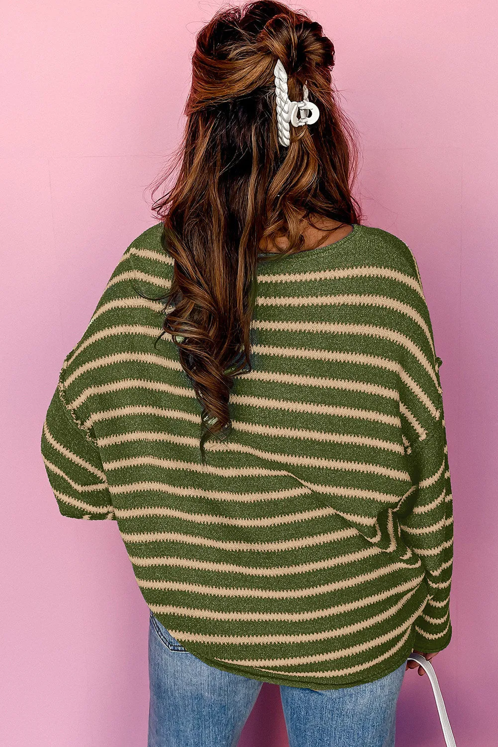 Women Casual Stripe Round Neck Drop Shoulder Sweater