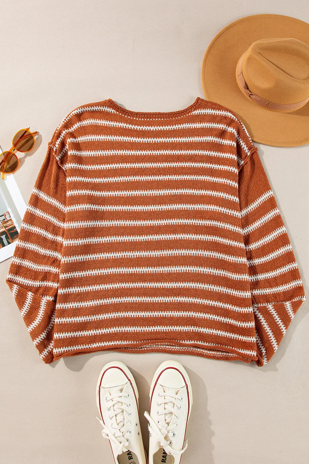 Women Casual Stripe Round Neck Drop Shoulder Sweater