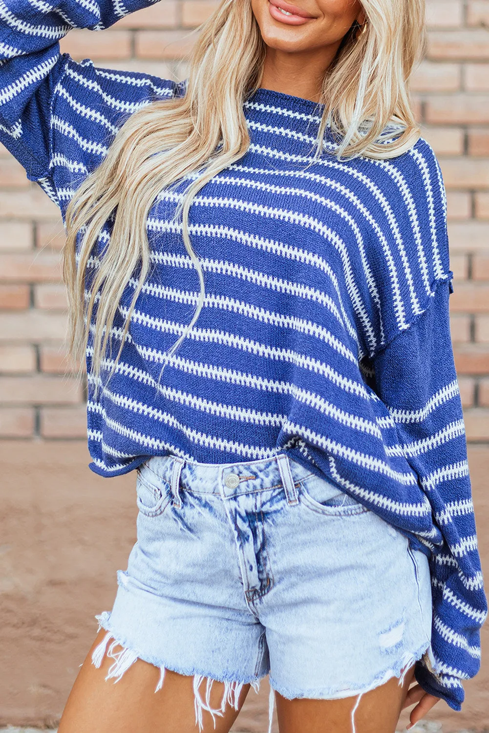 Women Casual Stripe Round Neck Drop Shoulder Sweater