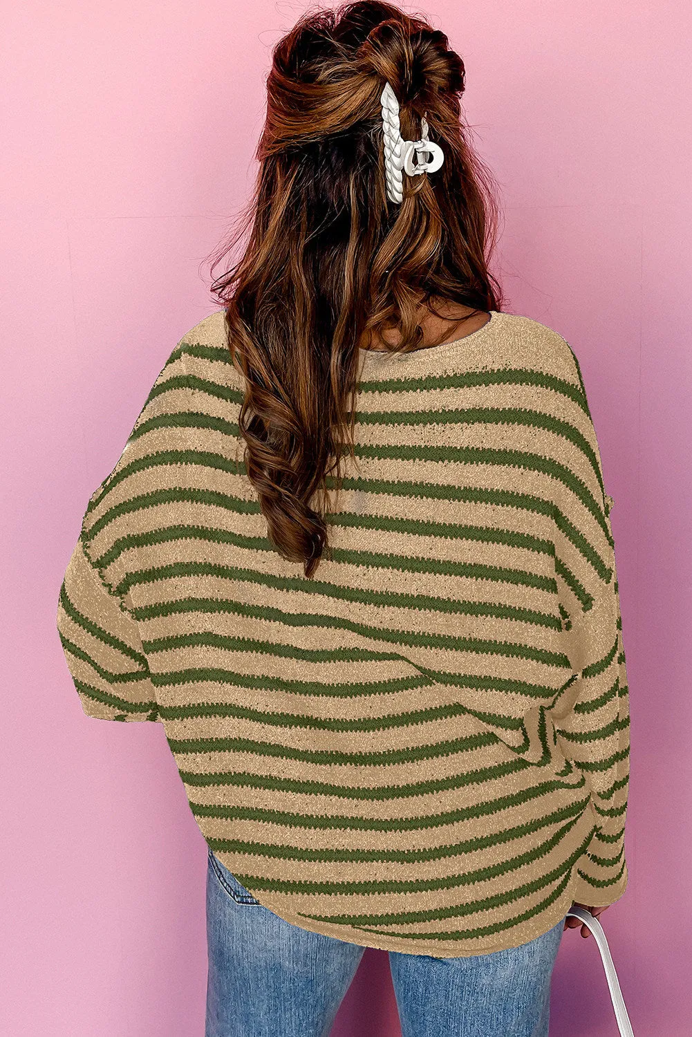 Women Casual Stripe Round Neck Drop Shoulder Sweater