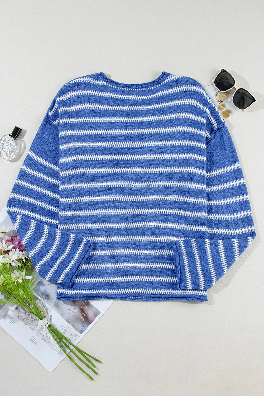 Women Casual Stripe Round Neck Drop Shoulder Sweater
