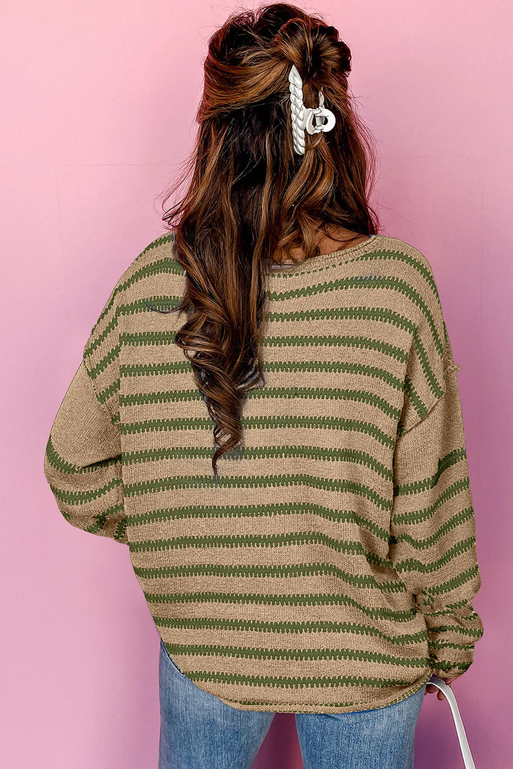 Women Casual Stripe Round Neck Drop Shoulder Sweater