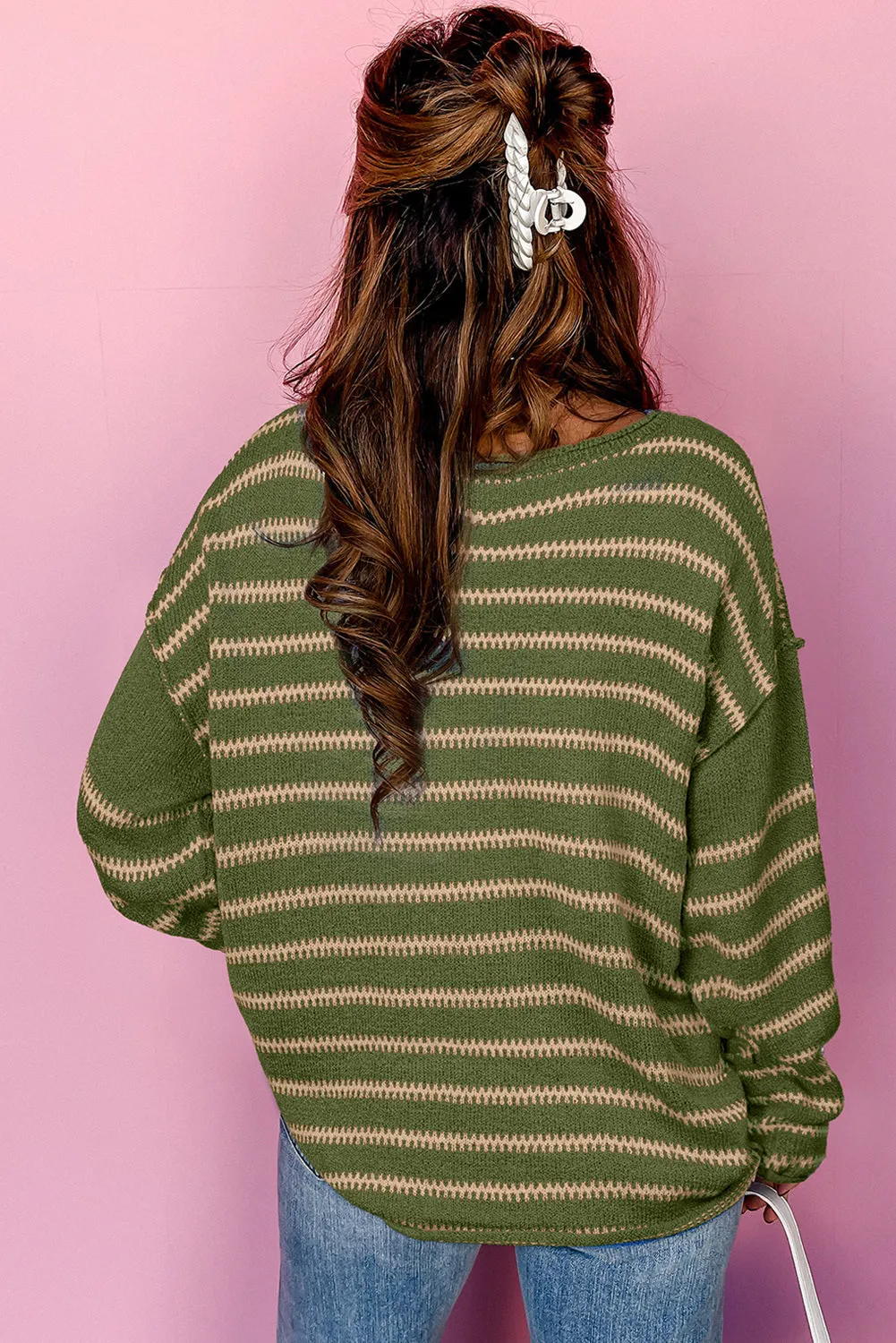 Women Casual Stripe Round Neck Drop Shoulder Sweater