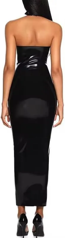 Women Sexy Short Sleeve Faux Leather Mini Sheath Dress for Fashion PU High Split Slim Wet Look Pencil Dress